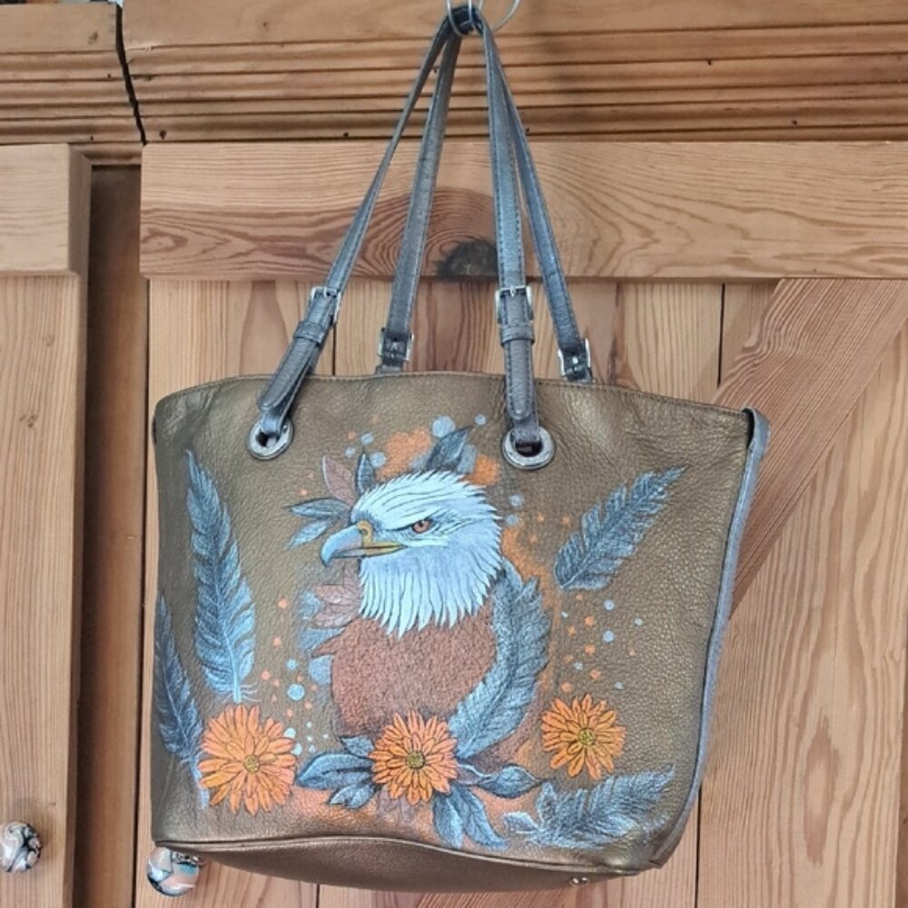 Hand Painted Women's Tote Bag Satchel Eagle & Floral Artwork Purse Shoulder Bag - Picture 16 of 16